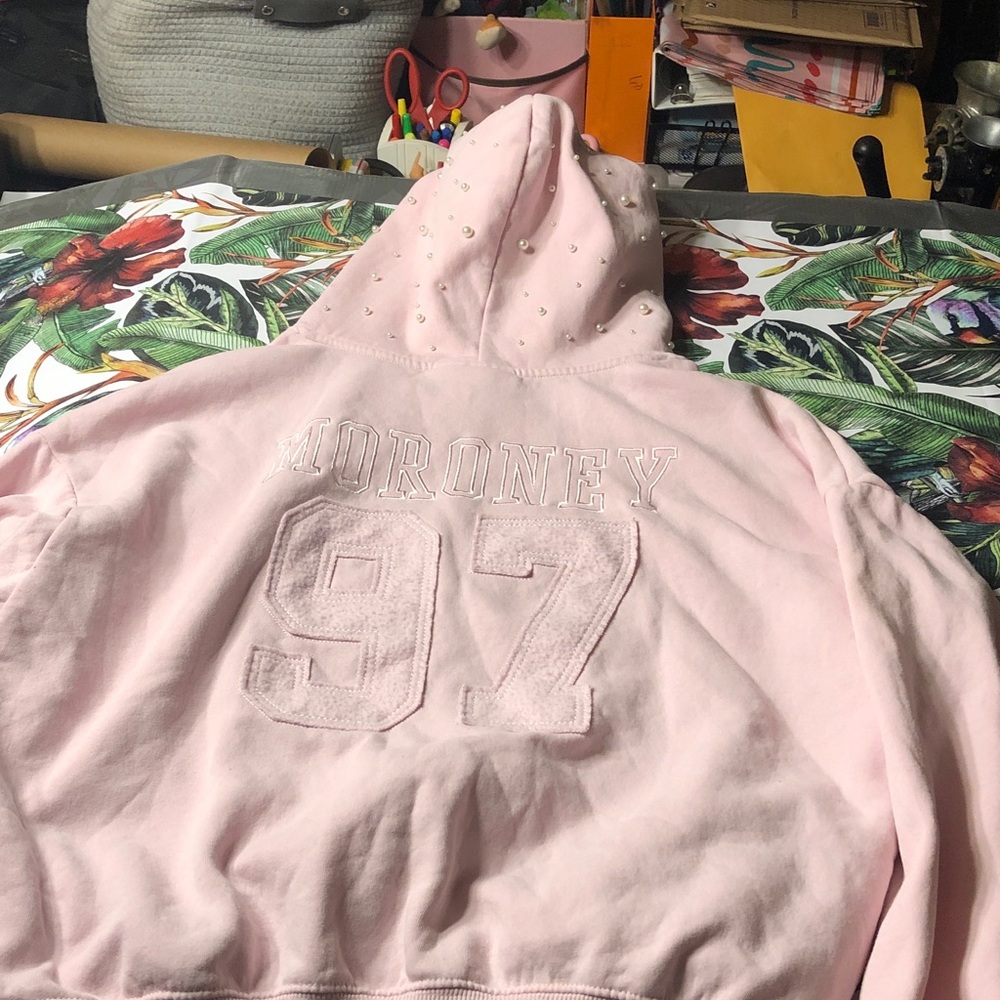 Megan Moroney Pink Hooded Sweatshirt with Embroidered '97' and studded  Hood - Picture 3 of 9
